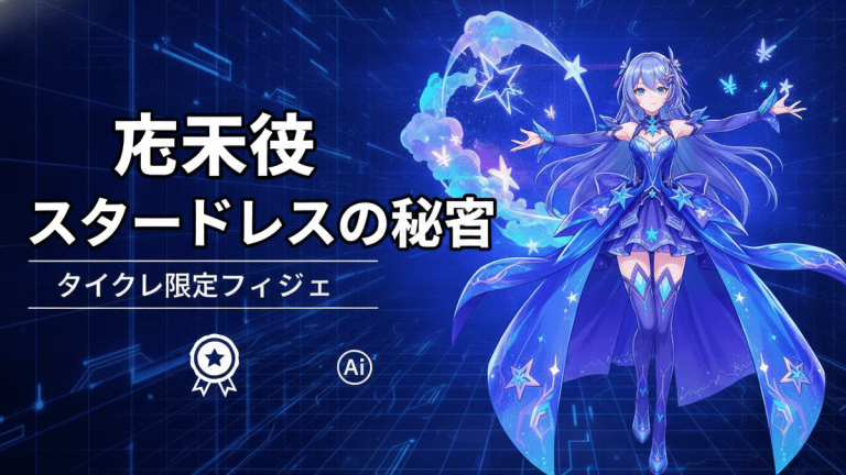 青と紫のドレスを着たアニメ風の女性キャラクターがポーズをとっている。左側には日本語のタイトルとテキスト。