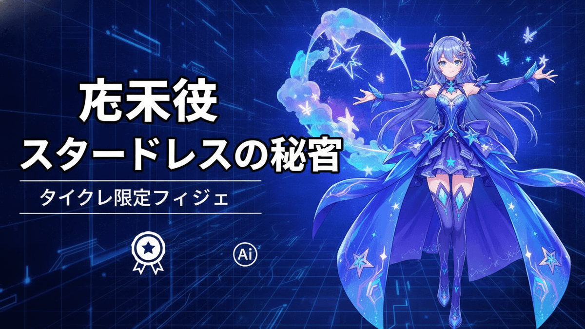 青と紫のドレスを着たアニメ風の女性キャラクターがポーズをとっている。左側には日本語のタイトルとテキスト。