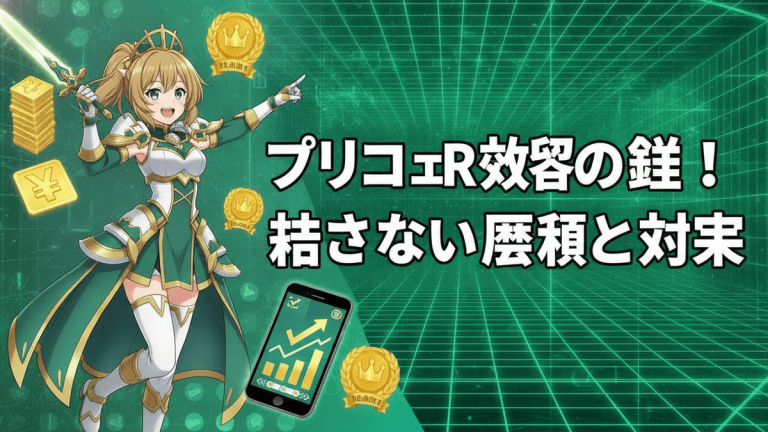 緑と黄色の色合いのサムネイルで、緑のドレスと王冠をまとったキャラクターが右に立っている。画面中央には日本語のテキスト「プリコネR攻略の鍵！勝てないクエストと対策」が表示されている。下部にはスマートフォンとグラフ、Yen記号、王冠が描かれている。