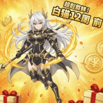 白猫プロジェクトのキャラクターとイベント告知「白猫12周年前夜祭!」の日本語テキスト。オレンジと金色の背景に、白い髪の女性キャラクター、王冠、ランキングバッジ、プレゼントボックス、円記号が配置されている。