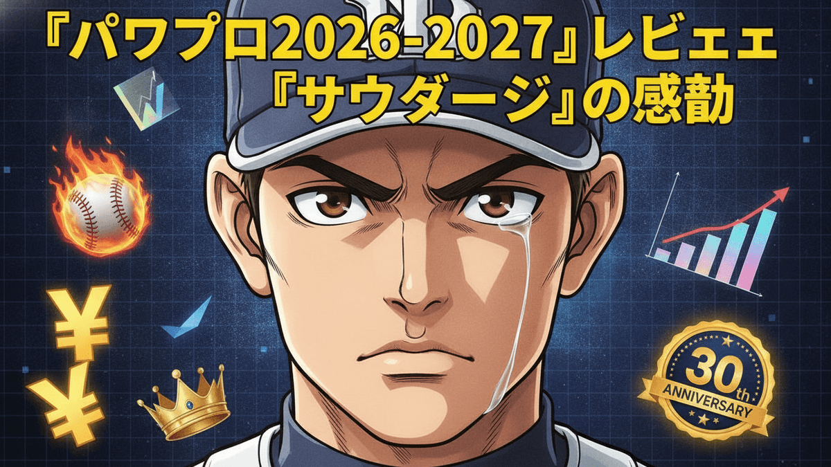 怒った顔の野球選手が中央にいる。彼の頭上には日本語のテキスト「パワプロ2026-2027」レビュー「サウダージ」の感動が書かれている。炎の野球ボール、円、グラフ、30周年記念バッジがある。