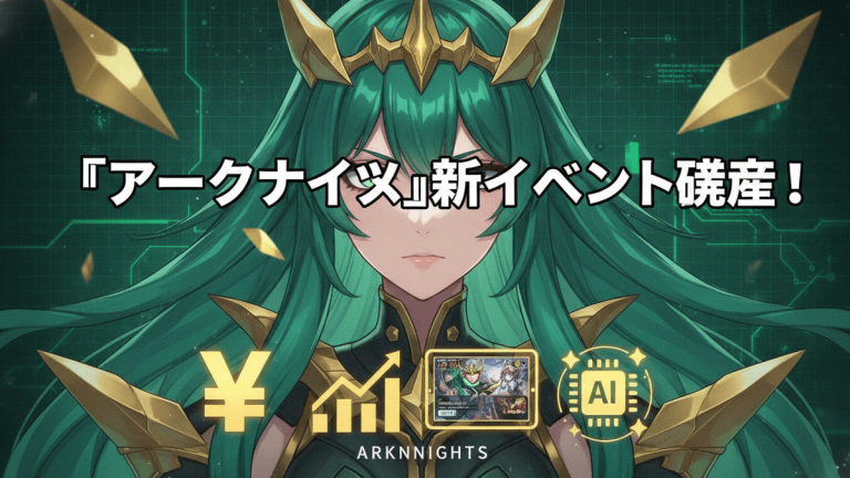 緑色の髪と王冠をかぶったキャラクター、背景にデジタルグリッド、手前に円とグラフ、AIアイコン、ゲーム画面、ロゴ
