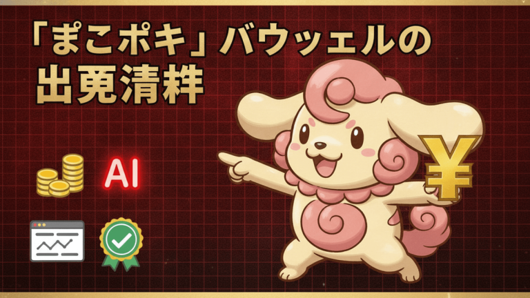 赤いグリッドの背景に「ぽこポケ」バウッツェルと「出現条件」という日本語のタイトル。左には円記号、AIアイコン、ウェブサイトアイコン、チェックマークがある。