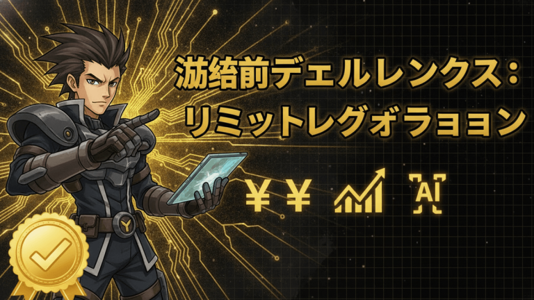 暗い背景に金色の回路図と、タブレットを持つアニメ風のキャラクターのイラスト。日本の漢字が中央に配置されている。