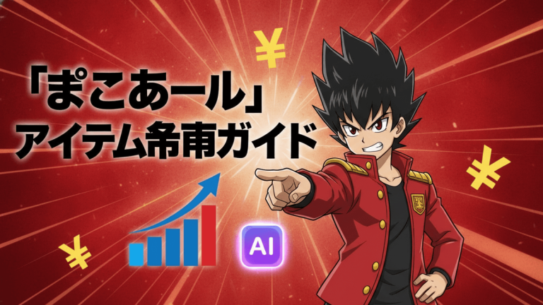 赤と黒の背景に、キャラクターが右側に配置され、左側に日本語のタイトルとYen記号、グラフ、AIアイコンがあります。