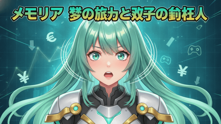 緑色の髪の女性キャラクターが驚いた表情でこちらを見ている。背景には金融グラフとゲーム関連のアイコン。