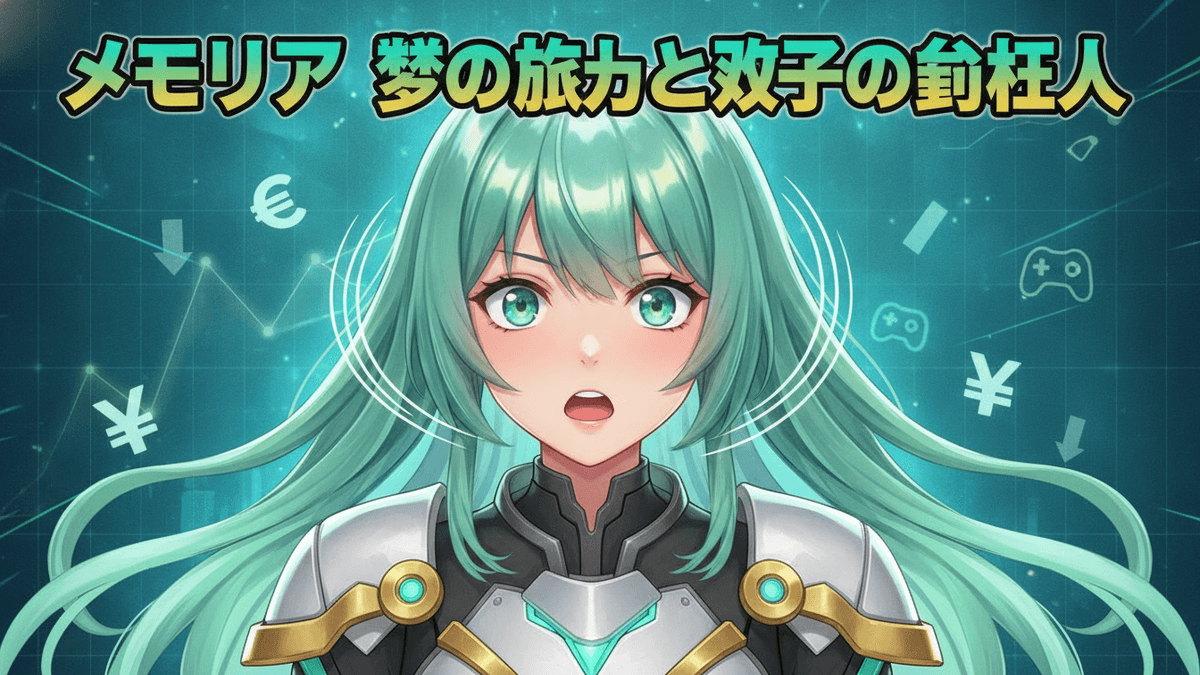 緑色の髪の女性キャラクターが驚いた表情でこちらを見ている。背景には金融グラフとゲーム関連のアイコン。