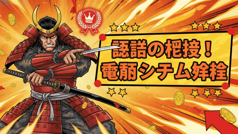 Samurai with two swords, a crown, and yen symbols on an orange background with the title "謎の技！電脳システム争奪".