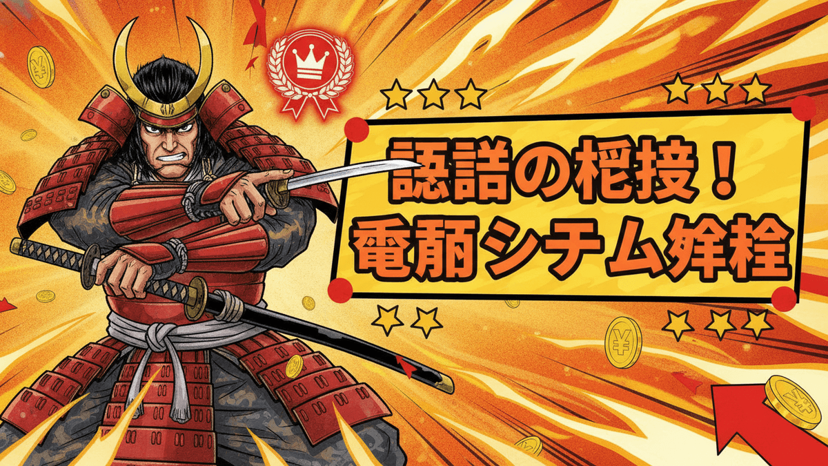 Samurai with two swords, a crown, and yen symbols on an orange background with the title "謎の技！電脳システム争奪".
