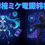 暗いフードをかぶった人物がスマートフォンを持ち、画面には初音ミクが映っています。背景はデジタルグリッドと星が描かれ、AIアイコンや円記号が散りばめられています。