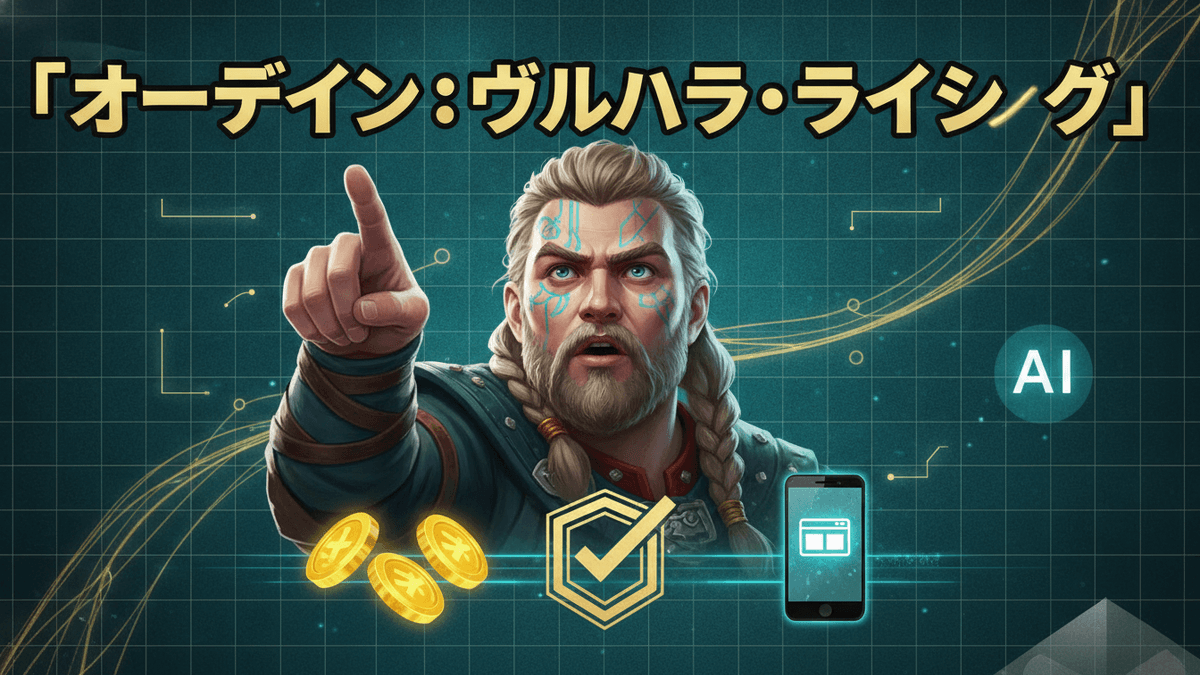 北欧神話のキャラクターが指をさすポーズで、背景にデジタルテックグリッドとAIアイコンが配置されたサムネイル画像。