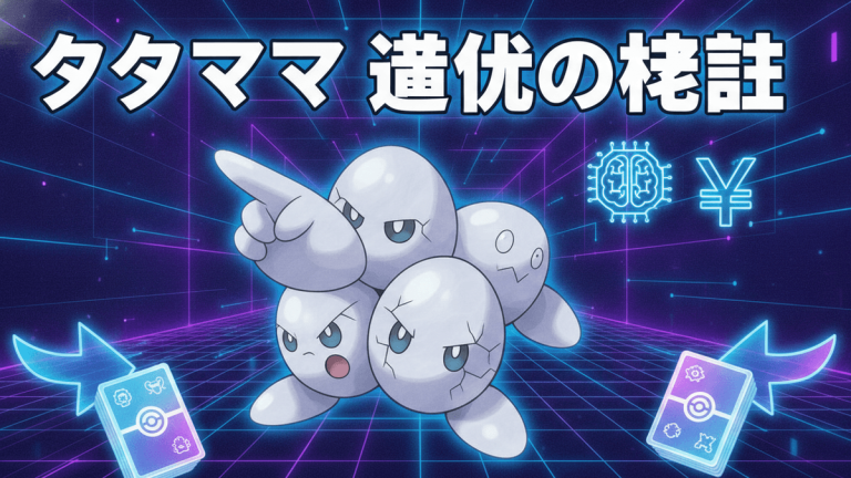 紫とネオンブルーの背景に「タマタマ」が中央に配置され、その上に日本語のタイトル「タマタマ 進化の秘訣」が表示されている。