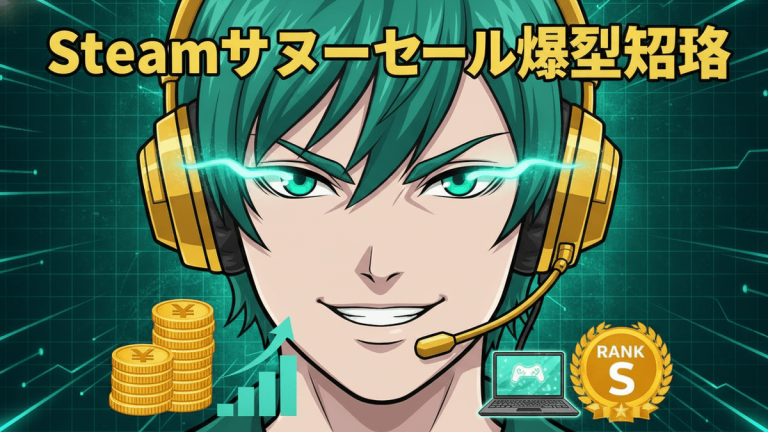 緑髪のキャラクターがヘッドセットを着用し、背景にはデジタルテックグリッド。手前には積み重ねられた円マークのコイン、上向きのグラフ、PCゲームを表示したノートパソコン、およびSランクのバッジ。