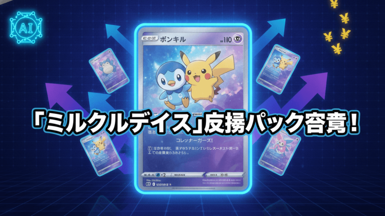 青紫とネオンブルーの背景に、日本のタイトルとポケモンカードが前面に配置されたWordPressのサムネイル。