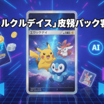 青紫とネオンブルーの背景に、日本のタイトルとポケモンカードが前面に配置されたWordPressのサムネイル。