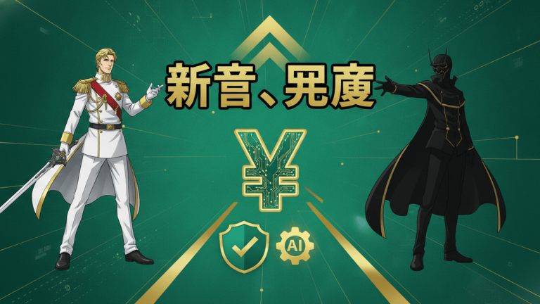 緑と金色の背景に、左に剣を持つ金髪の男性、右に黒いマントのキャラクター。中央に巨大な日本円の記号、その下に盾と歯車のアイコン。