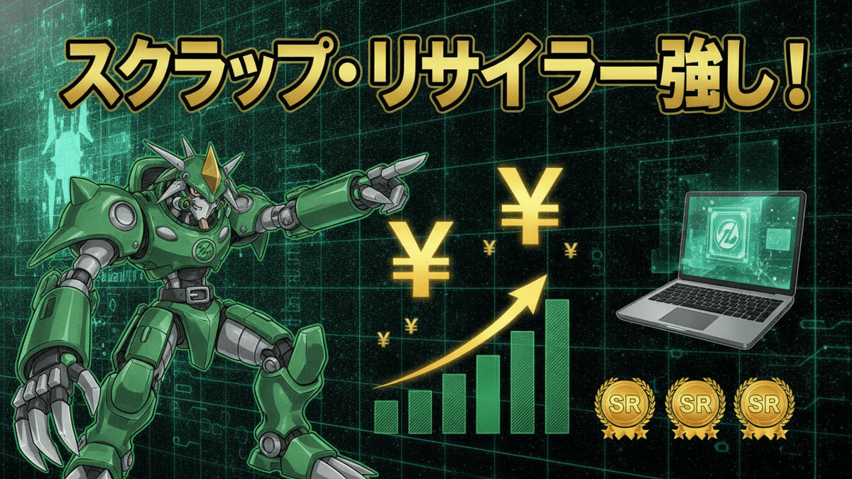 緑色のロボットが右を指しており、その先に「スクラップ・リサイクラー強し！」という太い文字が書かれています。