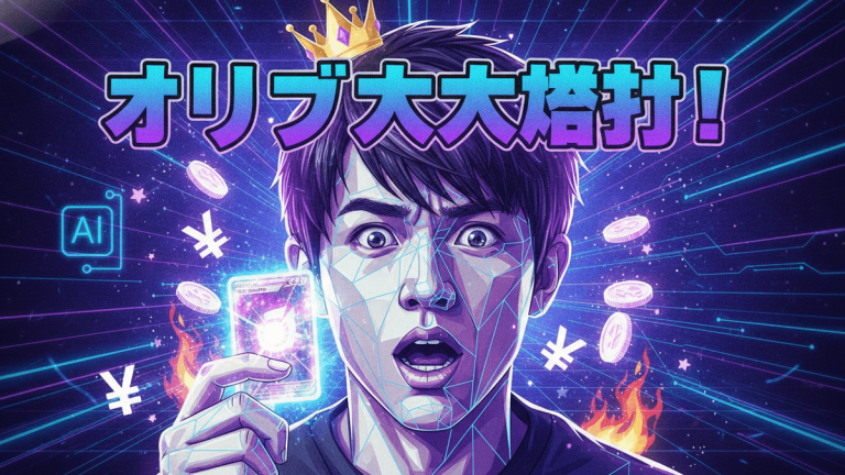 青と紫のネオンカラーの背景に、驚いた表情の男性。頭には金色の王冠、手には光るトレーディングカードを持っている。