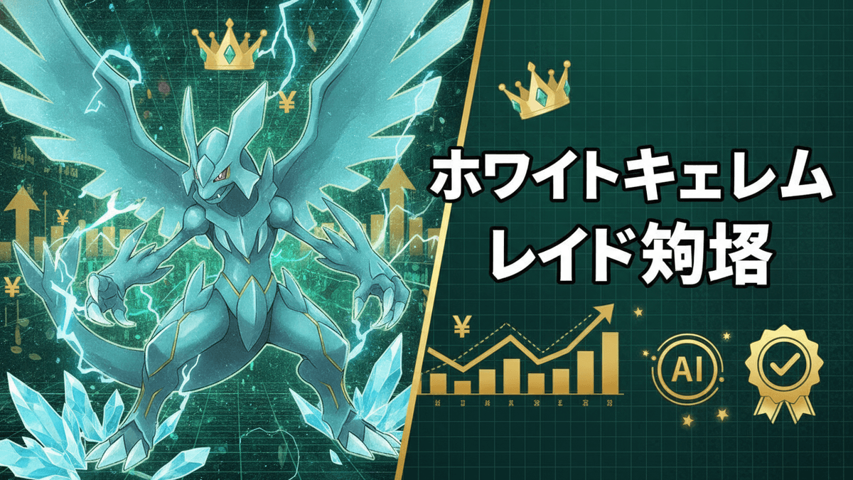 「ホワイトキュレム レイド攻略」の文字と、中央に白いドラゴンタイプのポケモン、背景に上昇トレンドのグラフと円のシンボル。