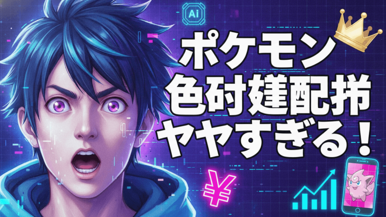 驚いた表情の若い男性、右側に「ポケモン色違い配布ヤバすぎる！」の日本語の大きなタイトル、左上と右下にはAIアイコンとスマートフォンが描かれている。