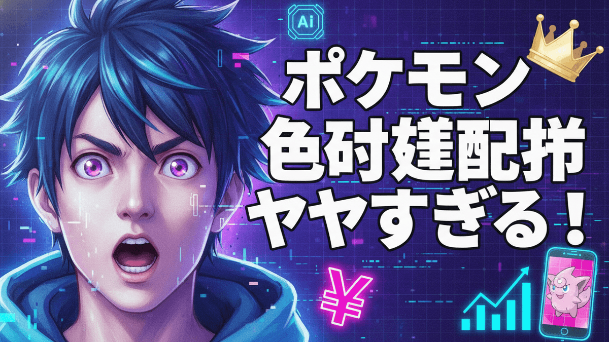 驚いた表情の若い男性、右側に「ポケモン色違い配布ヤバすぎる！」の日本語の大きなタイトル、左上と右下にはAIアイコンとスマートフォンが描かれている。