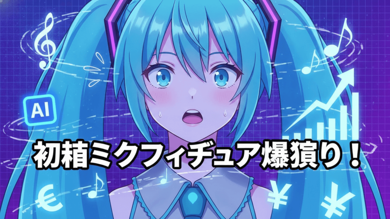 青い髪の初音ミクが中央に配置され、その背後には音符、通貨記号、AIアイコン、上昇するグラフなどの要素が描かれています。
