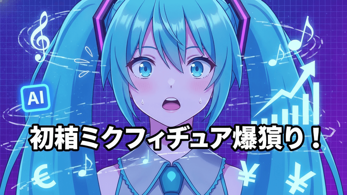 青い髪の初音ミクが中央に配置され、その背後には音符、通貨記号、AIアイコン、上昇するグラフなどの要素が描かれています。
