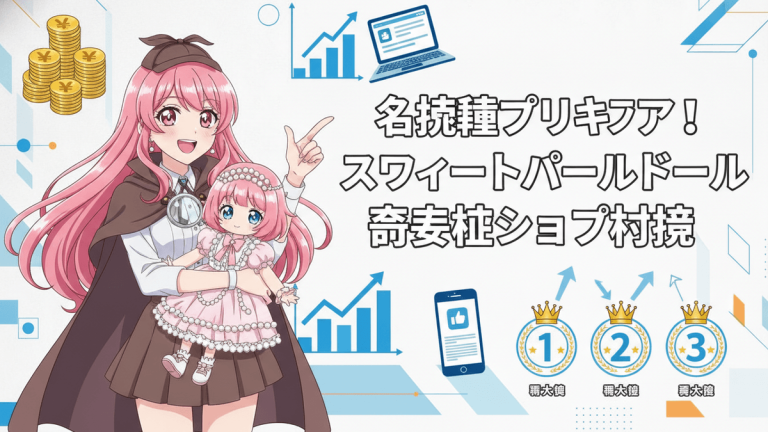 ピンク髪の探偵風プリキュアキャラクターが、可愛らしい人形を抱え、最安値ショップ比較を指差している。