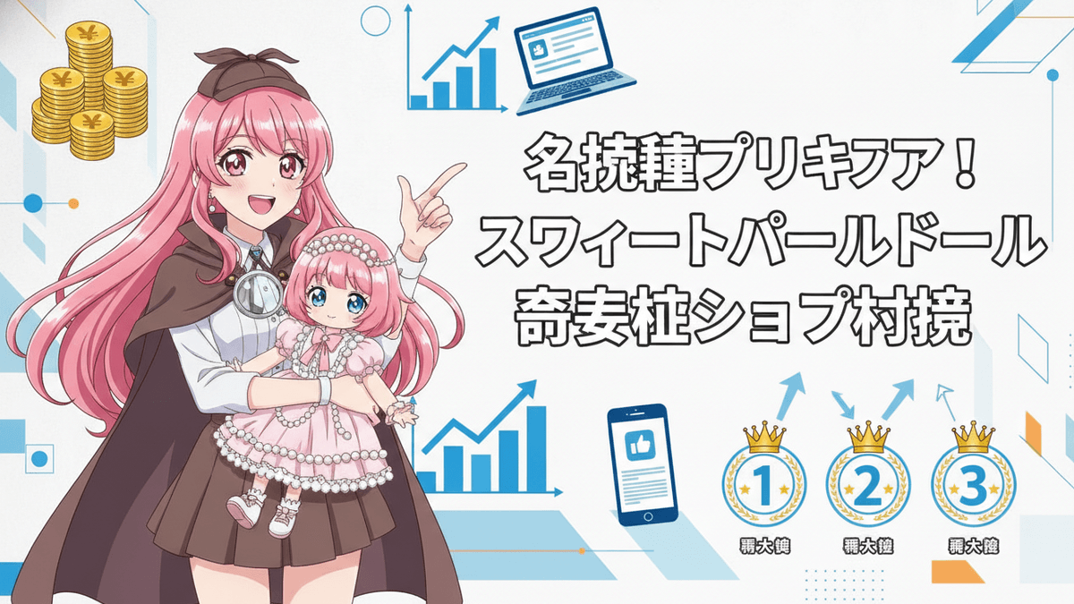ピンク髪の探偵風プリキュアキャラクターが、可愛らしい人形を抱え、最安値ショップ比較を指差している。