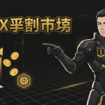 未来的なスーツを着た男性が画面右側に立ち、左のグラフとノートパソコン、AIアイコン、金色の円記号を指している。