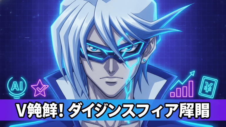 青いマスクのキャラクター、Vが正面を向き、後ろにはAIアイコンやグラフ、円記号が見える。