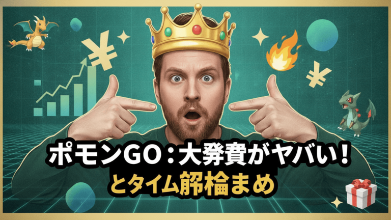 王冠をかぶり、指を差す男性。周りにはポケモン、円マーク、グラフ、炎、ギフトボックスが浮かぶ。
