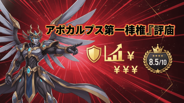 赤と黒の背景にアポカリプス第一形態のキャラクター。右には日本語のタイトルと盾、グラフ、円記号、王冠のアイコン。