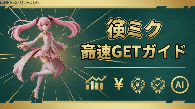 ピンクの髪とドレスの桜ミクフィギュアが左側に配置され、右側には「桜ミク 最速GETガイド」という日本語のタイトルと、株価チャート、円記号、王冠、チェックマーク、AIアイコンが金色のグラデーションで描かれています。