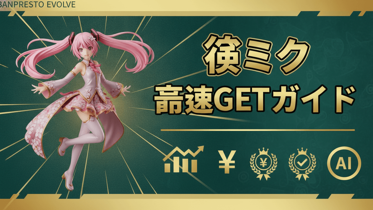 ピンクの髪とドレスの桜ミクフィギュアが左側に配置され、右側には「桜ミク 最速GETガイド」という日本語のタイトルと、株価チャート、円記号、王冠、チェックマーク、AIアイコンが金色のグラデーションで描かれています。