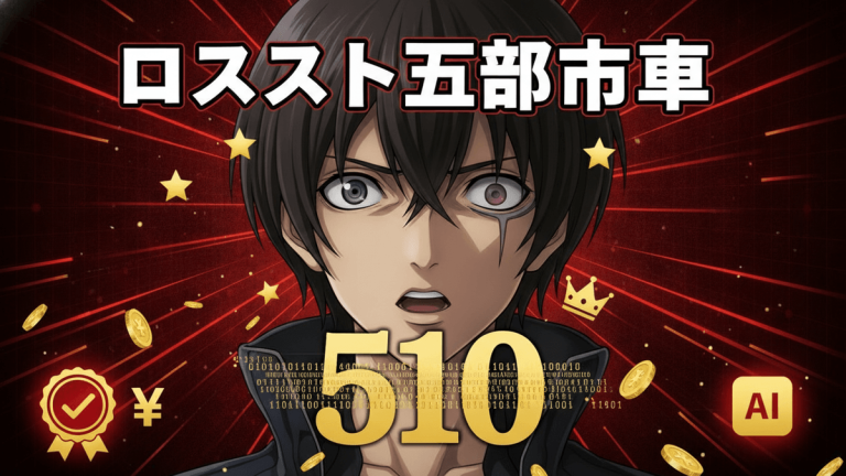 赤と黒の背景に、目を見開いたアニメの男性キャラクターが驚いた表情で描かれている。金色の文字で「510」と書かれ、日本語のタイトルが上部に表示されている。