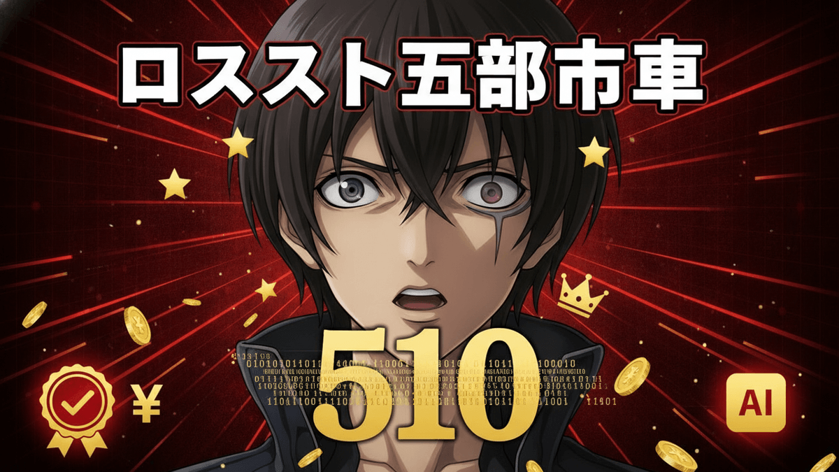 赤と黒の背景に、目を見開いたアニメの男性キャラクターが驚いた表情で描かれている。金色の文字で「510」と書かれ、日本語のタイトルが上部に表示されている。