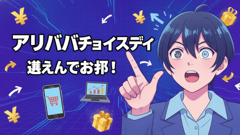 グラフとスマートフォンがあるデジタル背景に、指さす男性キャラクターと「アリババチョイスデイ 選んでお得！」という日本語のテキスト。