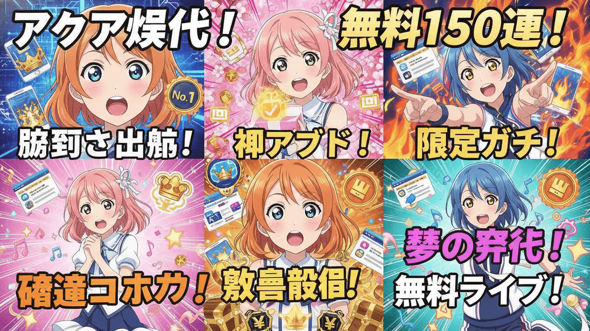 3x2グリッドで構成されたニュースサムネイル。各パネルには、異なる表情のアニメキャラクターと、日本語のテキスト、ゲーム関連のアイコンが描かれている。