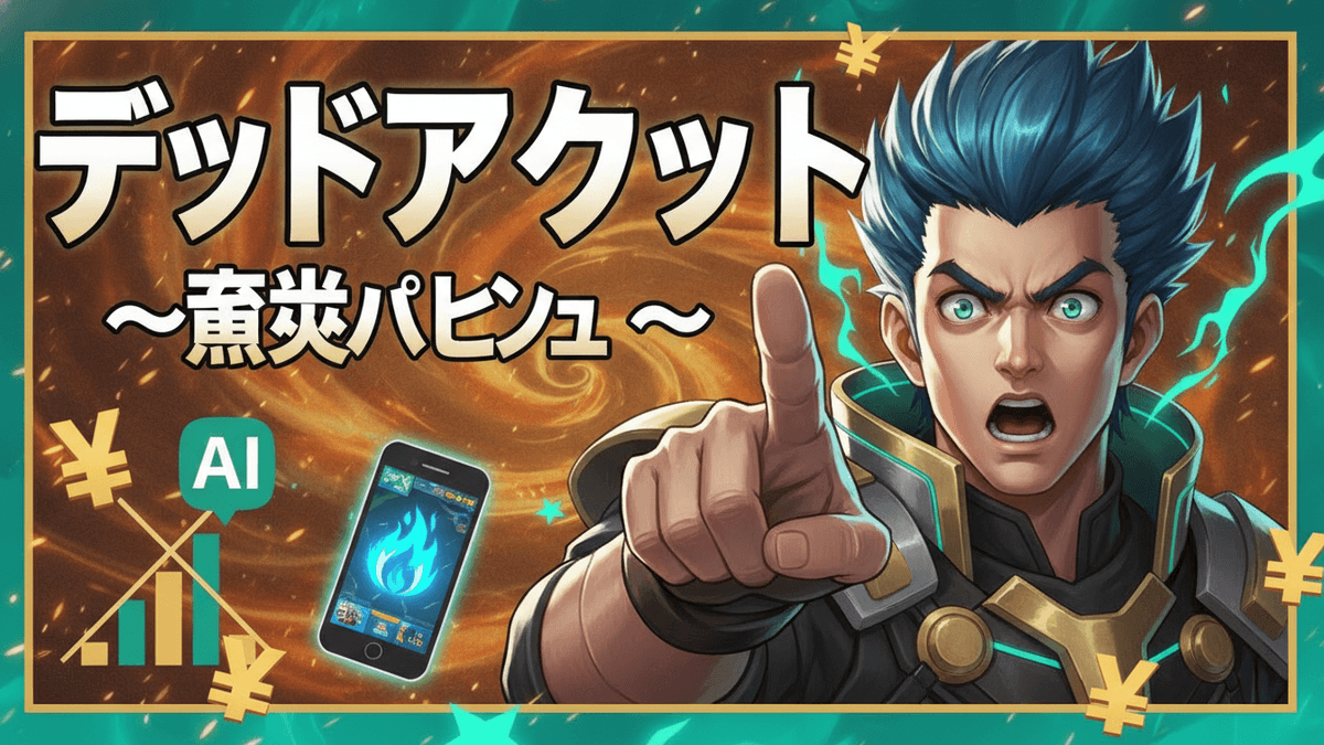 青い髪の男性キャラクターが指をさし、スマートフォンとグラフが背景にある。