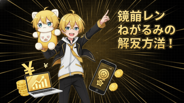 鏡音レンのアニメキャラクターが、ぬいぐるみ、スマートフォン、ノートパソコン、金貨とともにポーズをとっています。