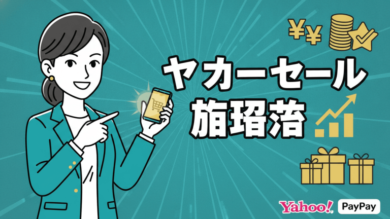 ビジネスウーマン風の女性がスマートフォンを指さし、お金やグラフ、プレゼントのアイコンが背景に描かれている。