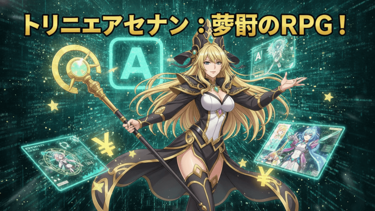 女性キャラクターが中央に立ち、杖を持ち、両側にゲームキャラクターのカードが浮かんでいる。背景はデジタルグリッド。