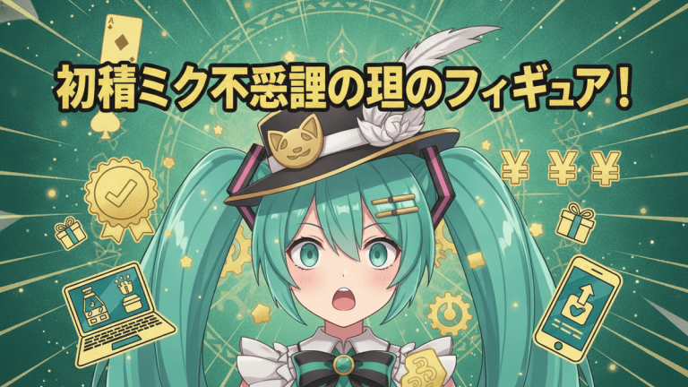 初音ミクが中央に配置され、その周りにトランプ、チェックマーク、円、ノートパソコン、スマホが描かれている。