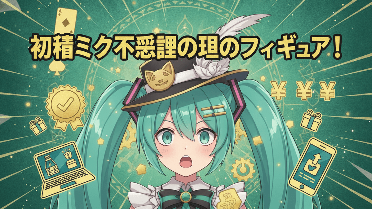 初音ミクが中央に配置され、その周りにトランプ、チェックマーク、円、ノートパソコン、スマホが描かれている。
