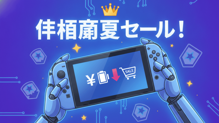 ロボットアームがNintendo Switchを抱え、中央には「偉栢爾夏セール！」という大きな白い文字の日本のニュースサムネイル。