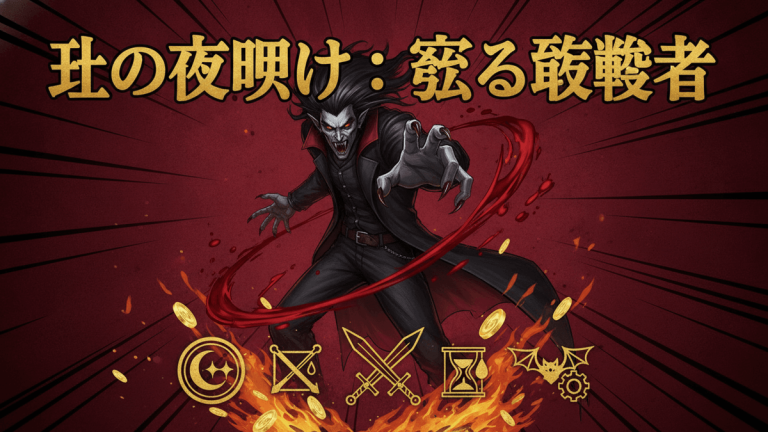 赤い放射線状の背景に、大きく描かれた吸血鬼のキャラクター。下部には炎と金色のコイン、ゲーム関連のアイコンが配置され、日本語のタイトルが上部に大きく表示されている。