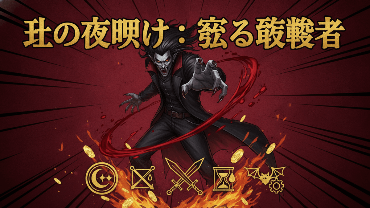 赤い放射線状の背景に、大きく描かれた吸血鬼のキャラクター。下部には炎と金色のコイン、ゲーム関連のアイコンが配置され、日本語のタイトルが上部に大きく表示されている。