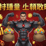 A man in a black and red suit flexing with two bags of items, with yen symbols and gift boxes around him.
