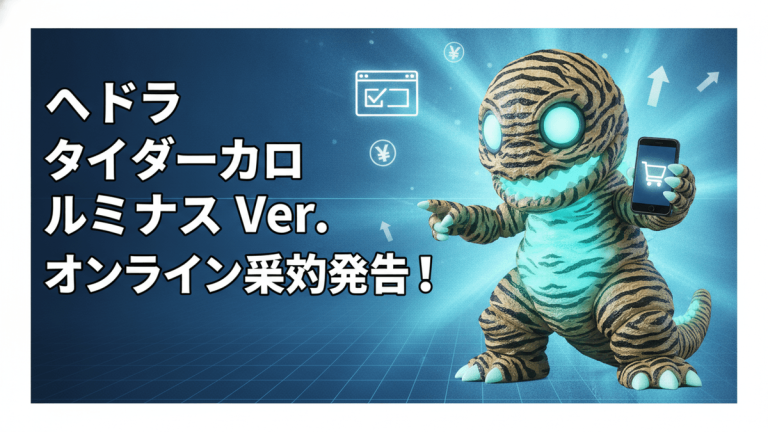 タイガーカモ柄のヘドラフィギュアがスマホとオンラインストアアイコンを指差す